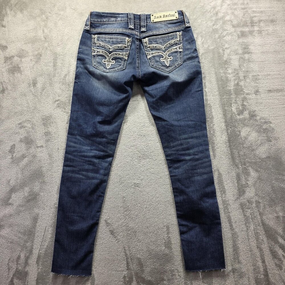 Rock Revival Jeans Womens 27 Blue Piera Skinny Raw Hem Embroidered Fleur de Lis - Picture 2 of 11